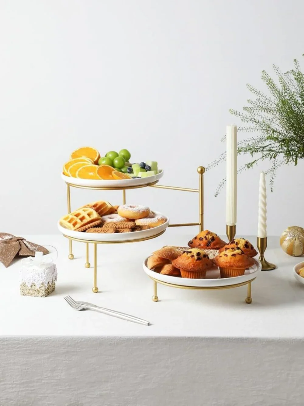 Elegant 3-Tier Serving Stand with White Porcelain Plates & Gold Metal Frame